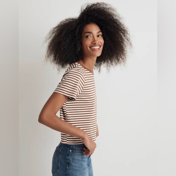 Madewell Soft Fade Cotton Boxy Crop Tee, Burgundy and White Stripe, XS oversized - Picture 2 of 7